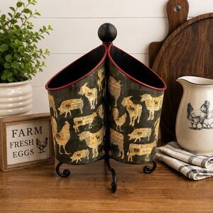 Vintage Farm Animal Utensil Spin Holder 3 Pocket Farmhouse Caddy Lori Siebert